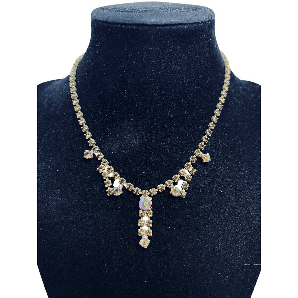 Gold Tone Choker Necklace With AB Rhinestones And Screw back Earrings Set (6186) - Picture 2 of 11